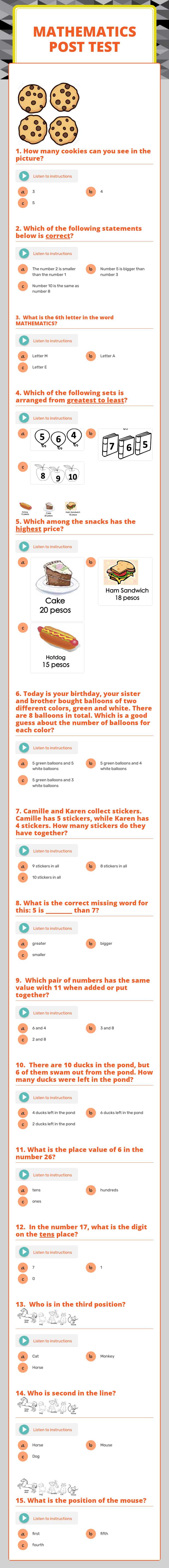 Mathematics
post test Grade 1 worksheet preview