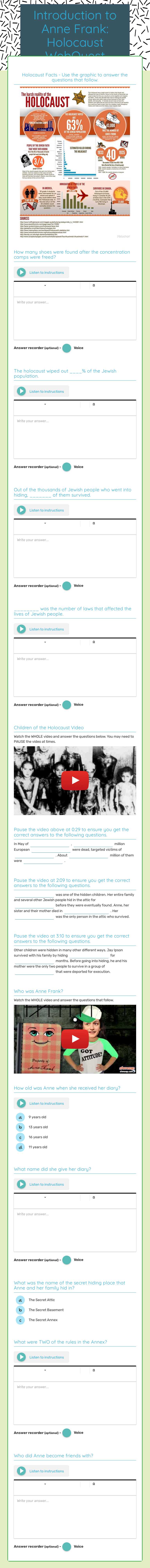 Introduction to Anne Frank: Holocaust WebQuest worksheet preview image