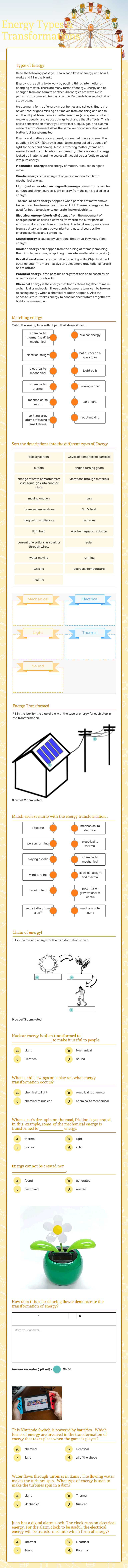 Energy Types & Transformations Grade 7 worksheet preview