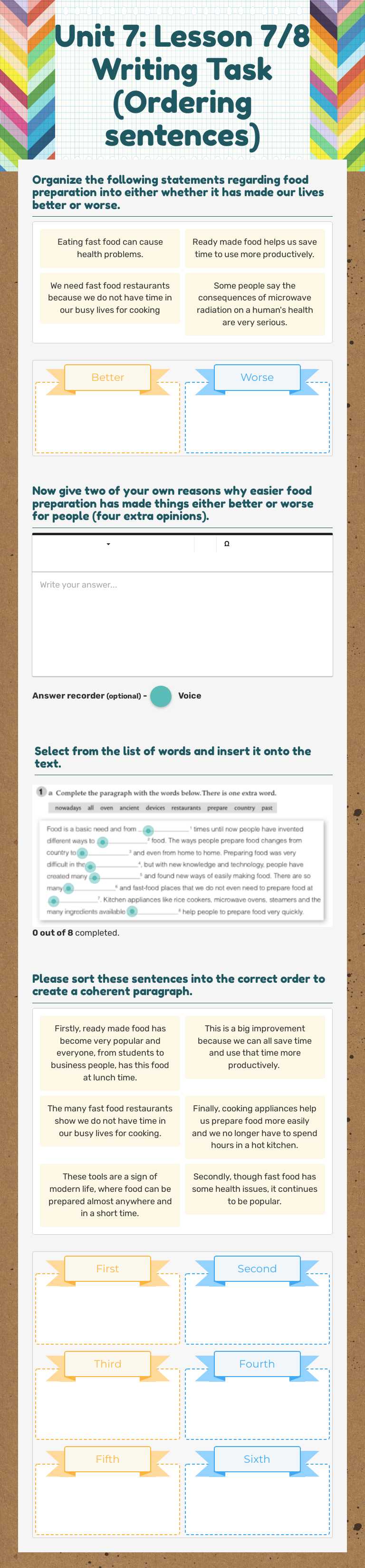 Unit 7: Lesson 7/8 Writing Task (Ordering sentences) worksheet preview image