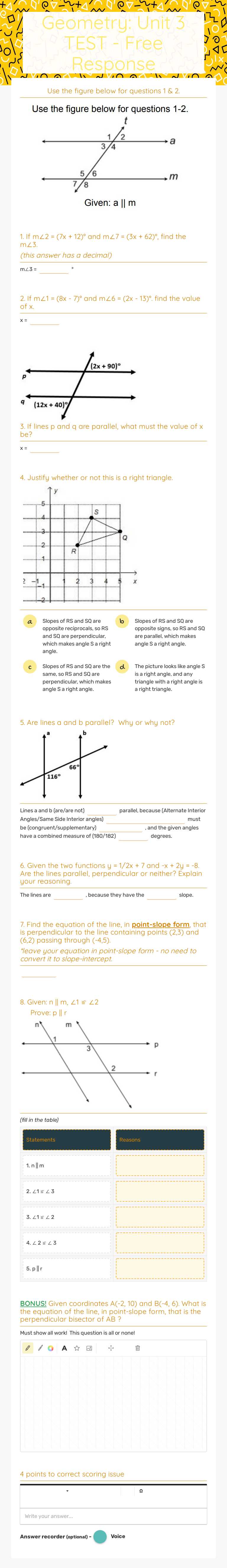 Geometry: Unit 3 TEST - Free Response worksheet preview image