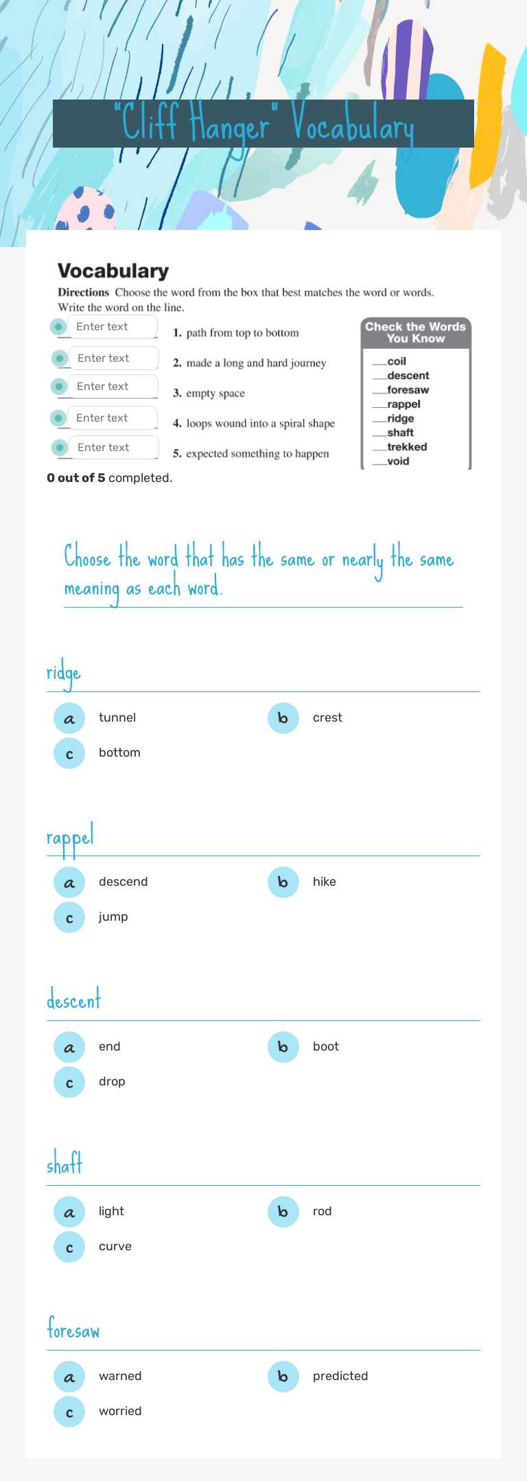 "Cliff Hanger" Vocabulary worksheet preview image
