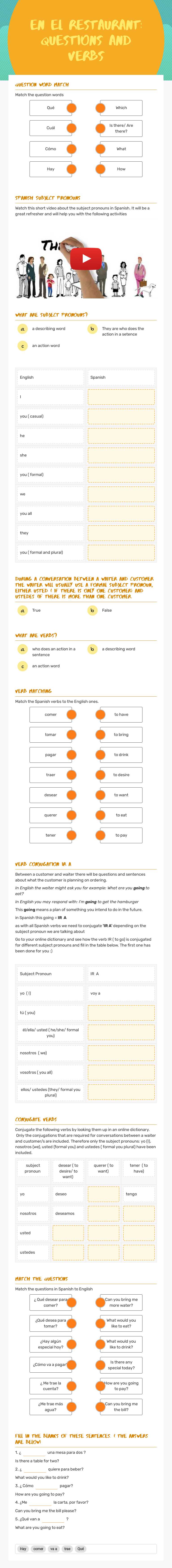En el Restaurant: Questions and verbs Preschool worksheet preview