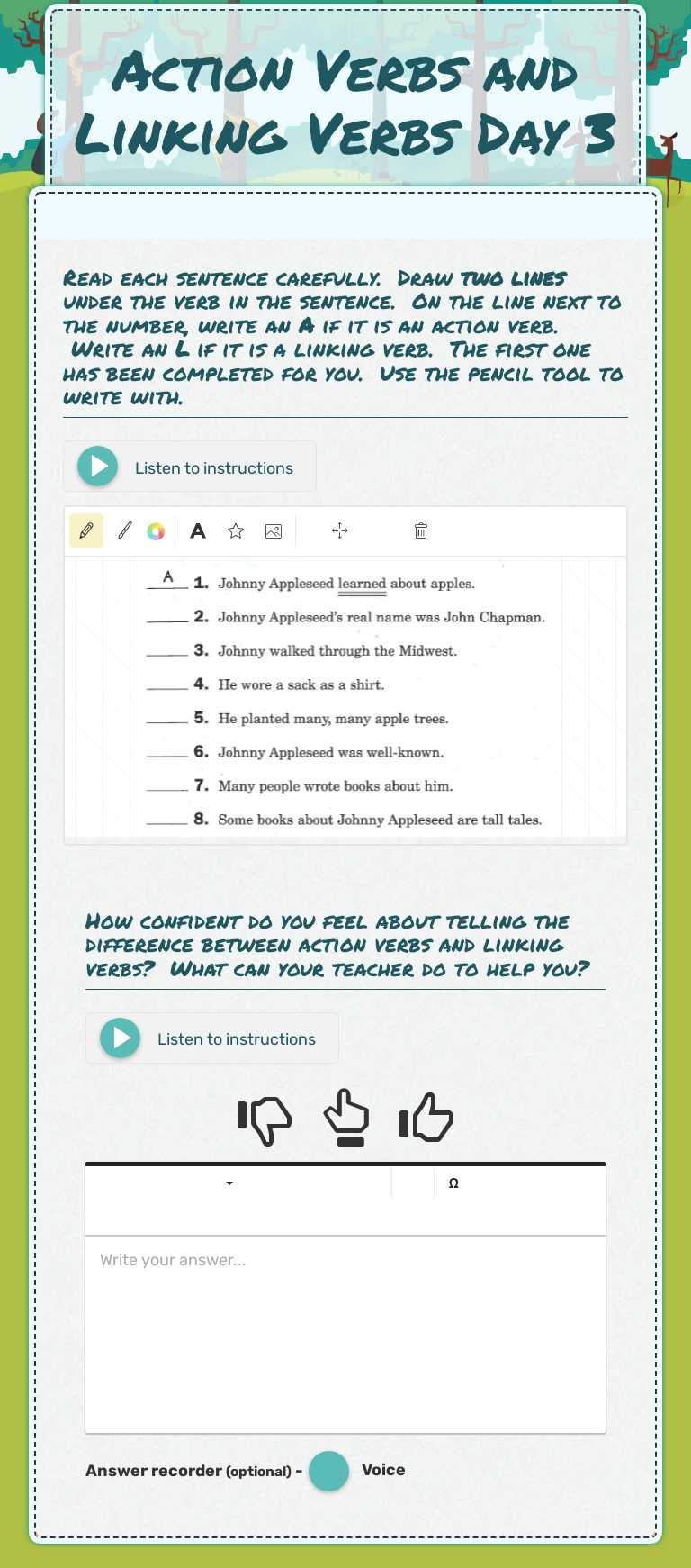 Action Verbs and Linking Verbs Day 3 worksheet preview image