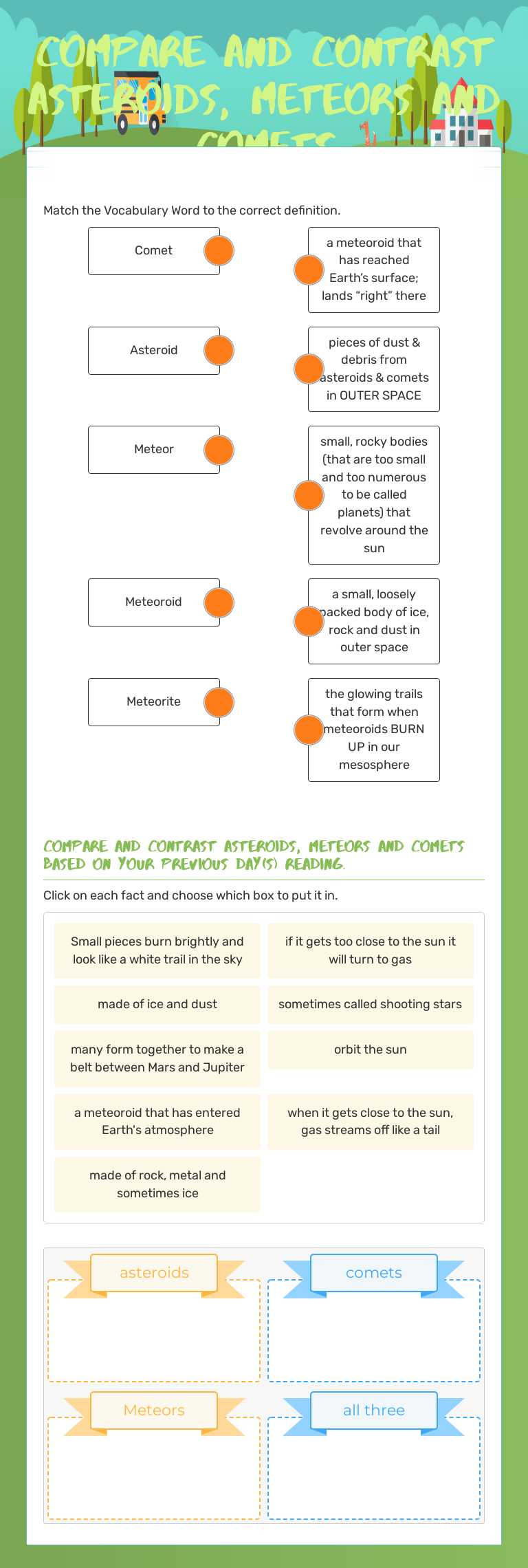 Compare and contrast Asteroids, meteors and comets Grade 6 worksheet preview