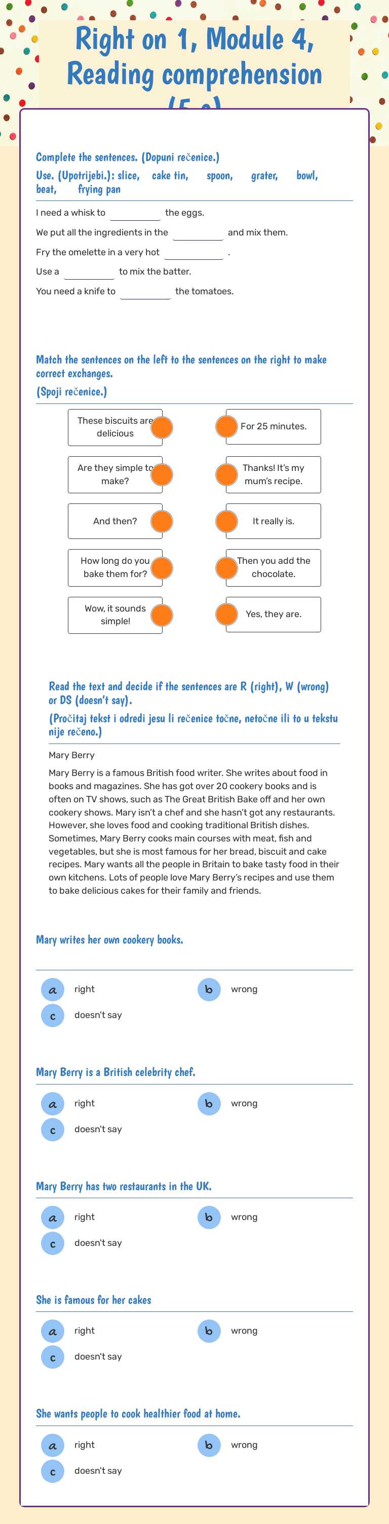 Right on 1, Module 4, Reading comprehension (5.a) worksheet preview image