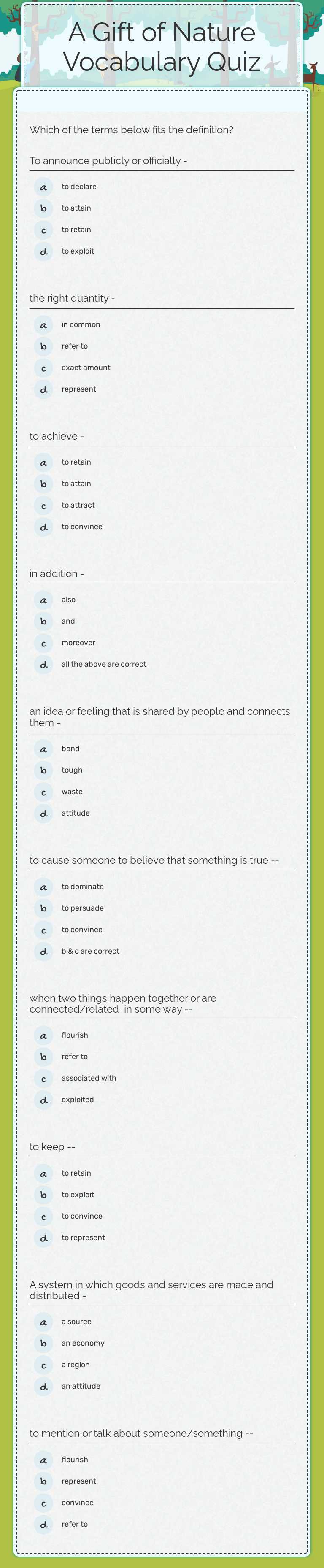 A Gift of Nature       Vocabulary Quiz worksheet preview image