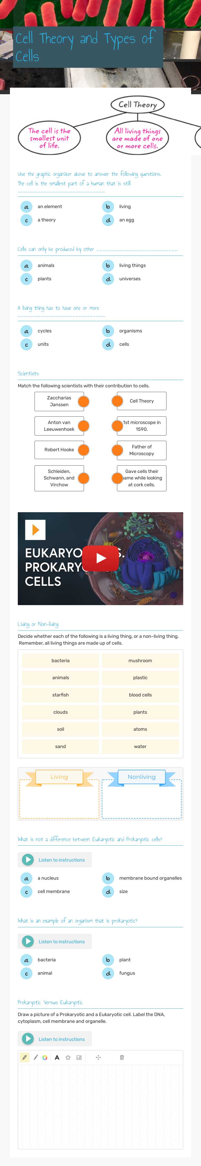 Cell Theory and Types of Cells worksheet preview image