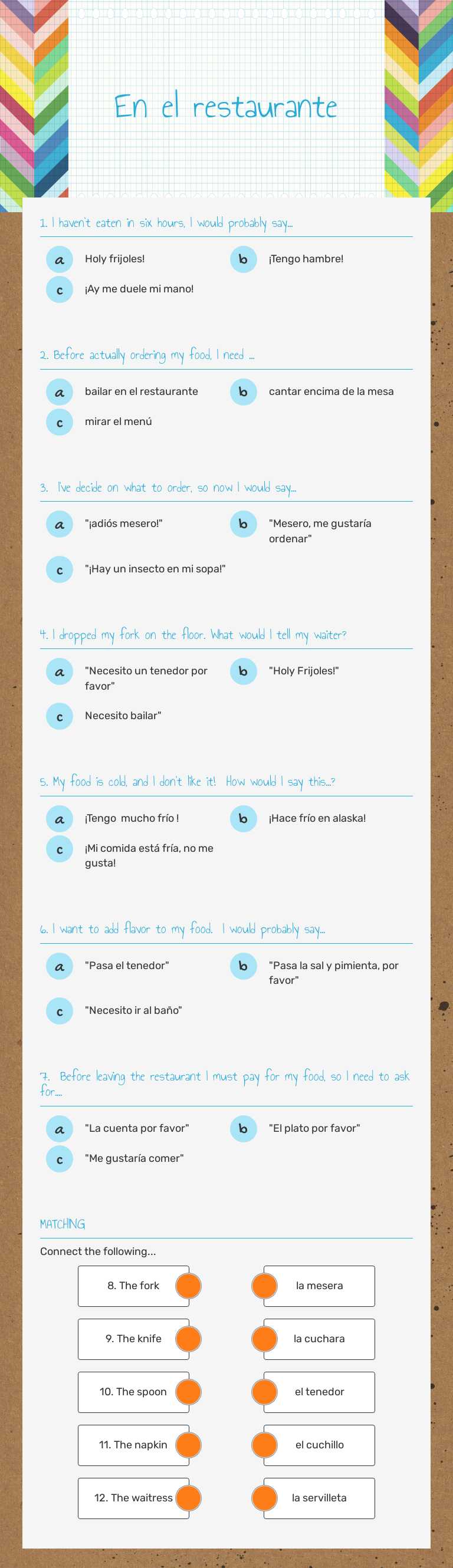 En el restaurante worksheet preview image