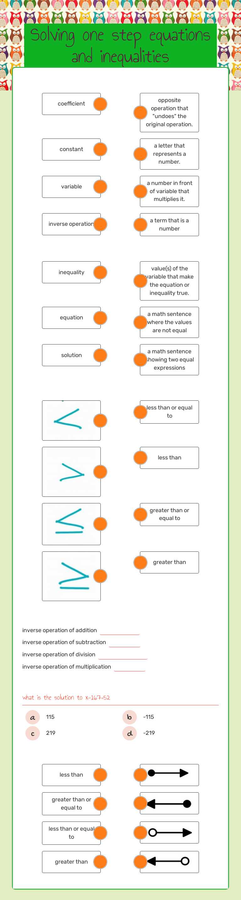 Solving one step equations and inequalities worksheet preview image