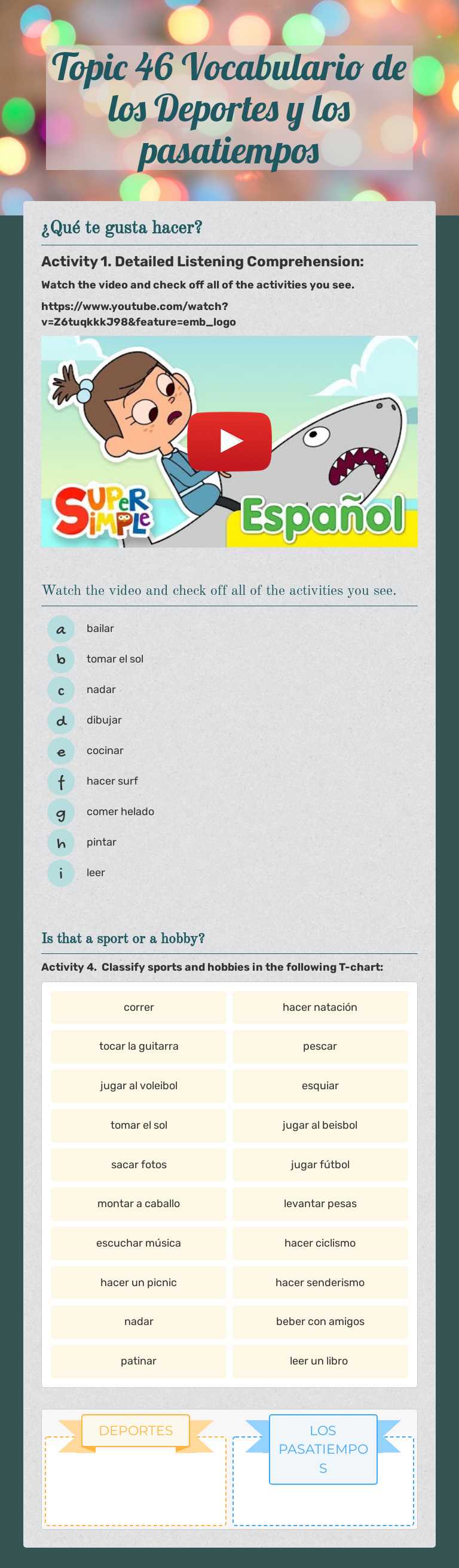 Topic 46 Vocabulario de los Deportes y los pasatiempos worksheet preview image