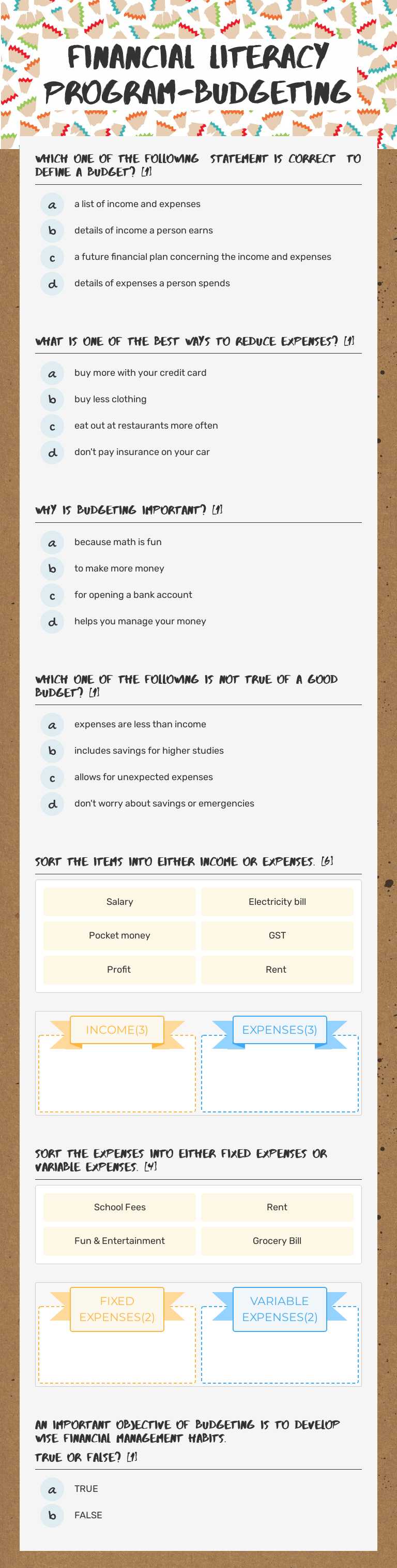 Financial literacy program-Budgeting Grade 10 worksheet preview