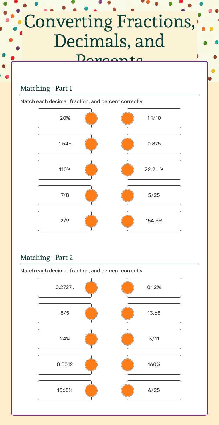 Converting Fractions, Decimals, and Percents Grade 6 worksheet preview