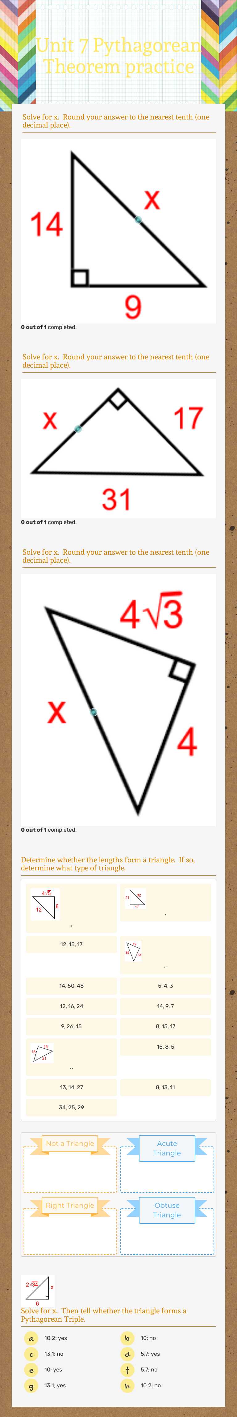 Unit 7 Pythagorean Theorem practice worksheet preview image