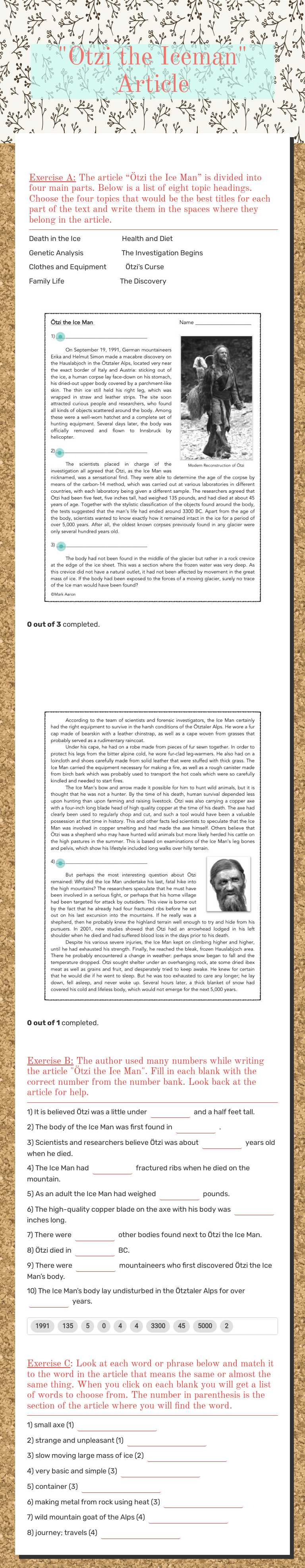 "Otzi the Iceman" Article Grade 6 worksheet preview