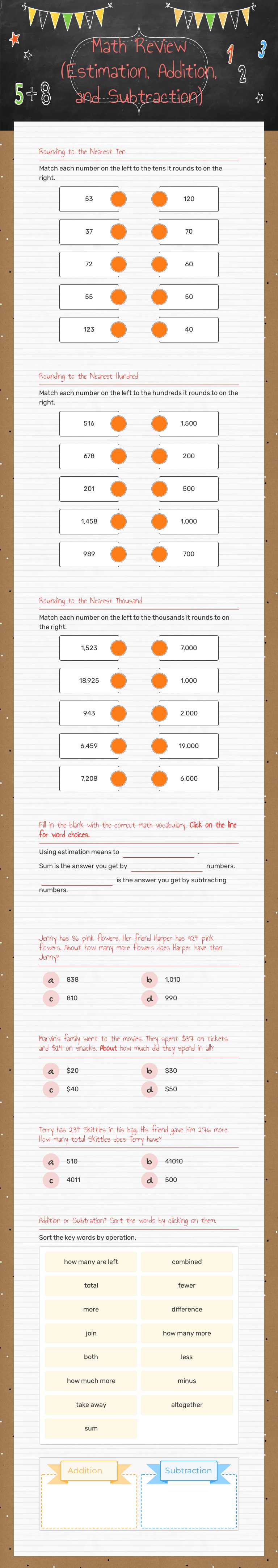 Math Review
(Estimation, Addition, and Subtraction) worksheet preview image