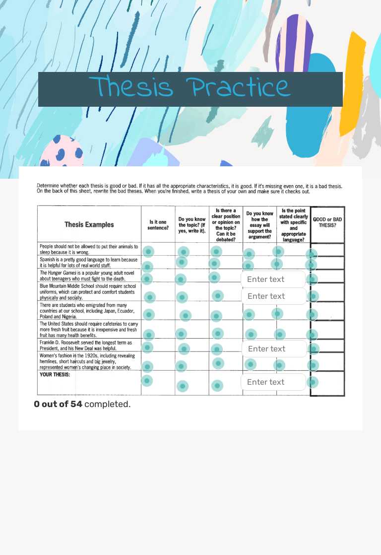 Thesis Practice Grade 6 worksheet preview