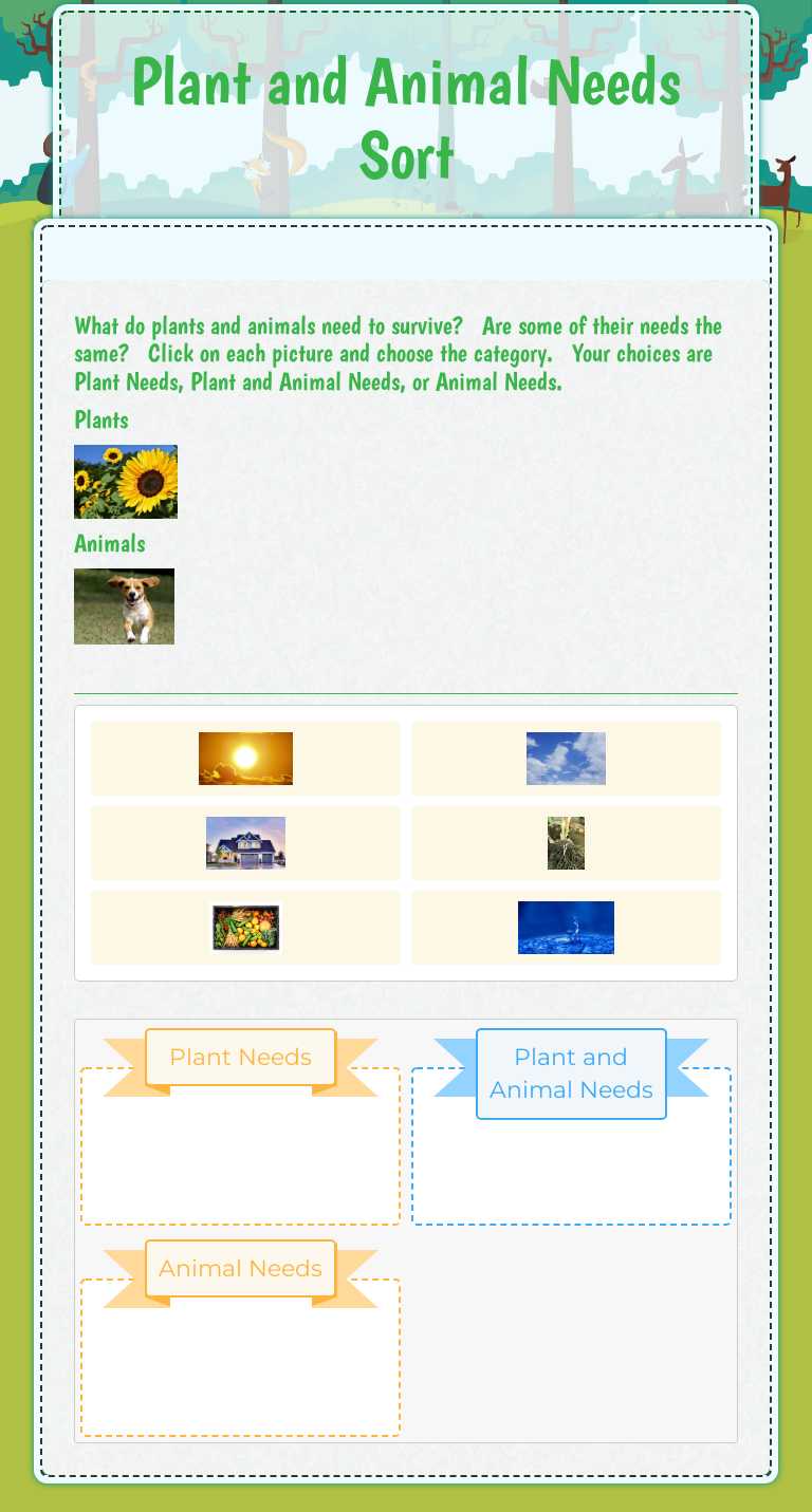 Plant and Animal Needs Sort Grade 1 worksheet preview