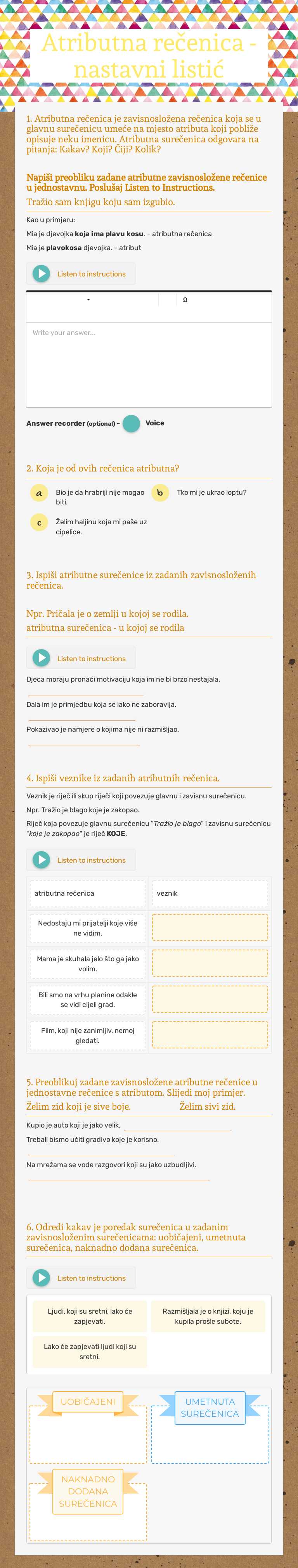 Atributna rečenica - nastavni listić Grade 7 worksheet preview