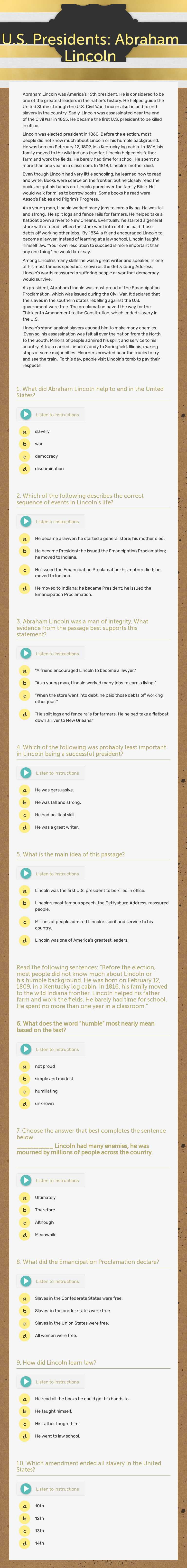 U.S. Presidents: Abraham Lincoln worksheet preview image