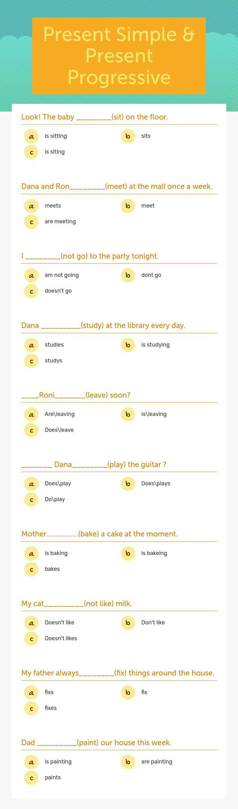 Present Simple & Present Progressive worksheet preview image