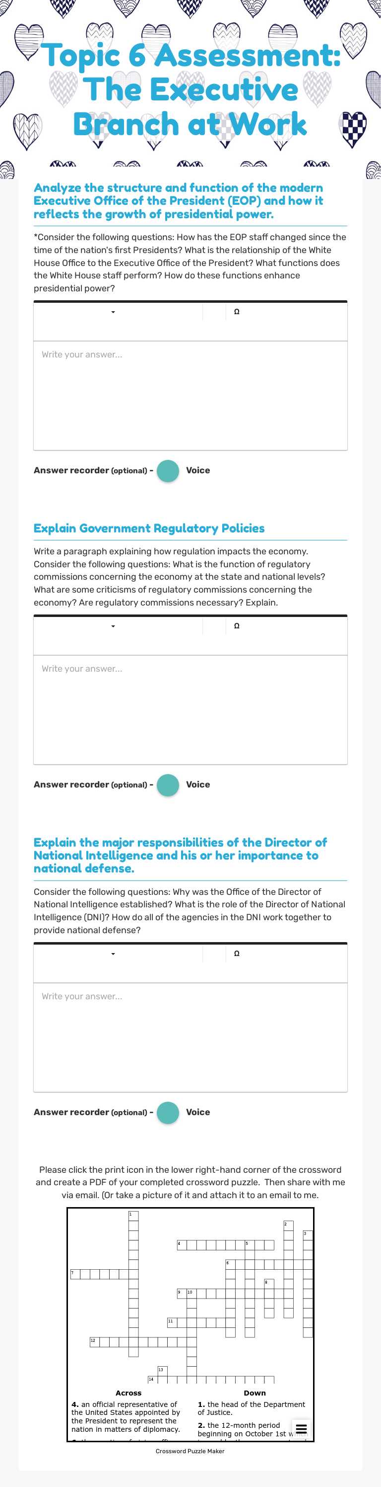 Topic 6 Assessment:  The Executive Branch at Work worksheet preview image