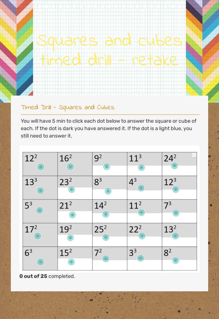 Squares and cubes timed drill - retake worksheet preview image