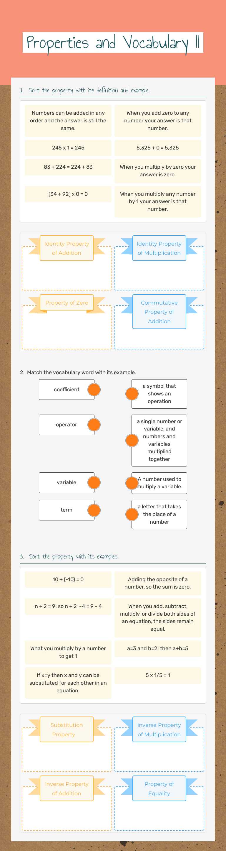 Properties and Vocabulary II worksheet preview image