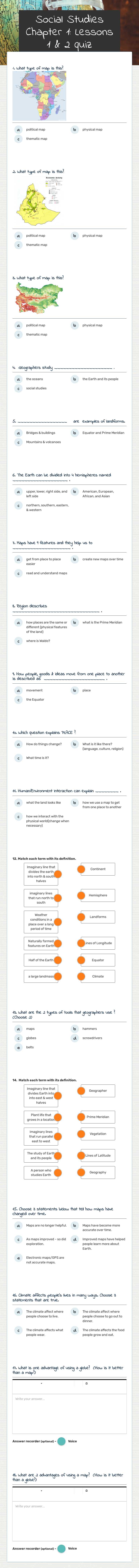 Social Studies Chapter 1:  Lessons 1 & 2 quiz Grade 5 worksheet preview