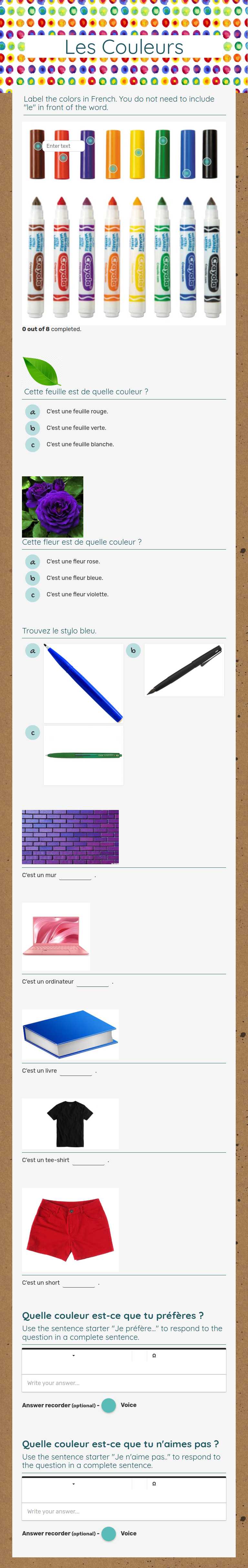 Les Couleurs fr5 Grade 7 worksheet preview
