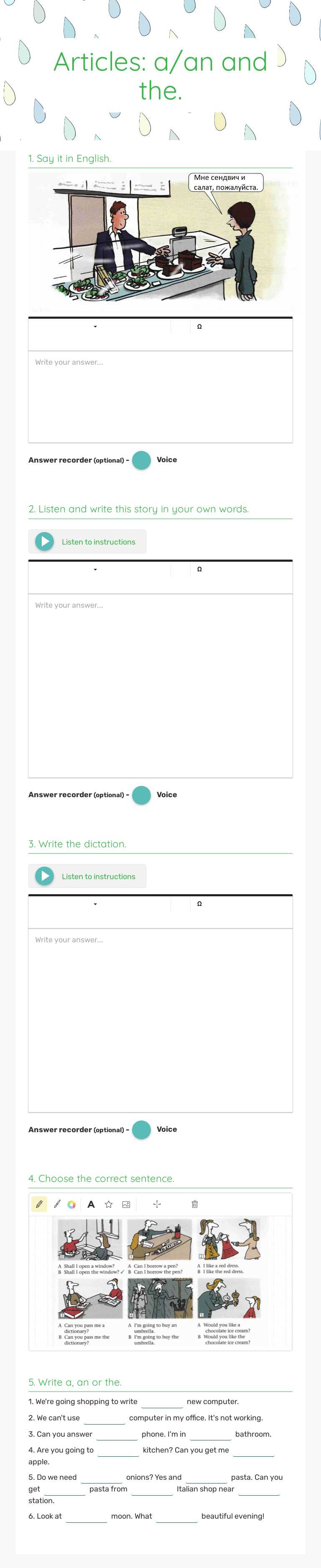 Articles: a/an and the. worksheet preview image