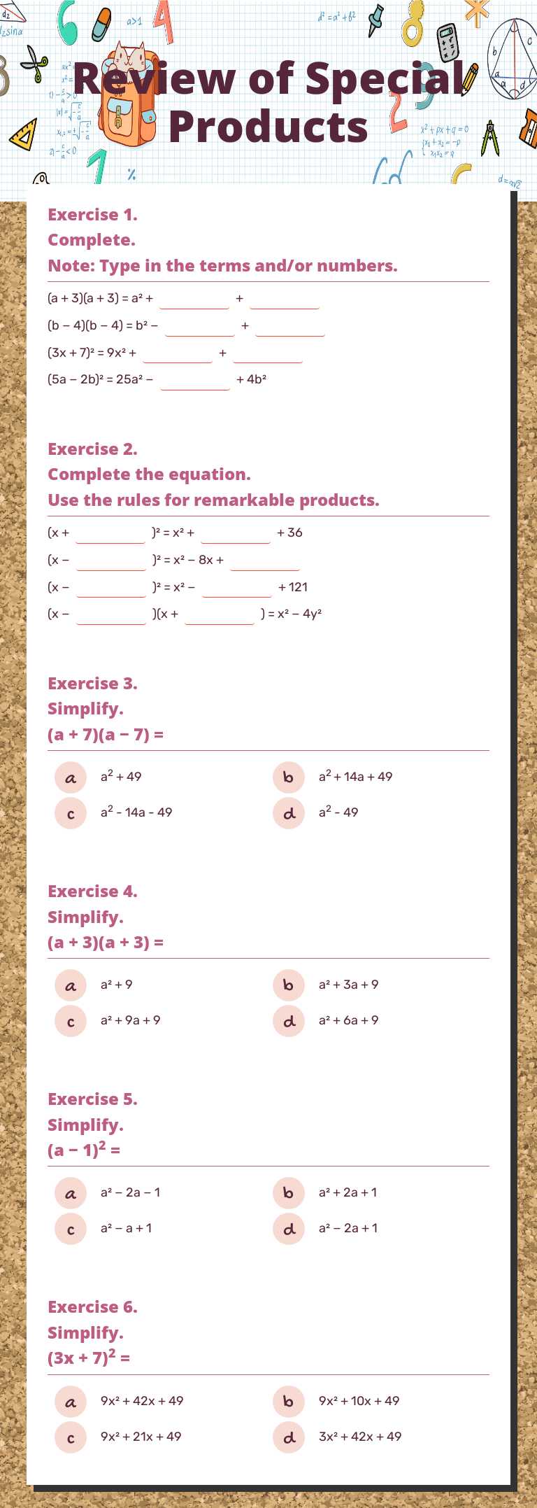 Review of Special Products worksheet preview image