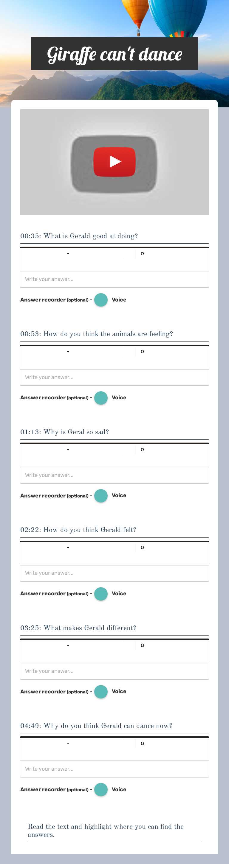 Giraffe can't dance Grade 8 worksheet preview