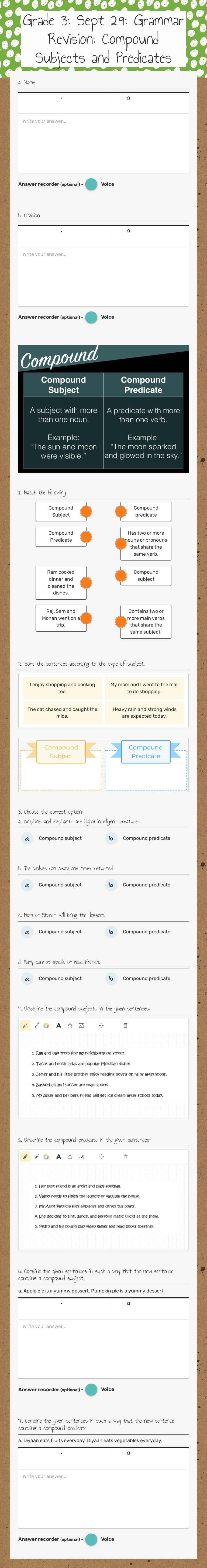 Grade 3: Sept 29: Grammar Revision: Compound Subjects and Predicates worksheet preview image