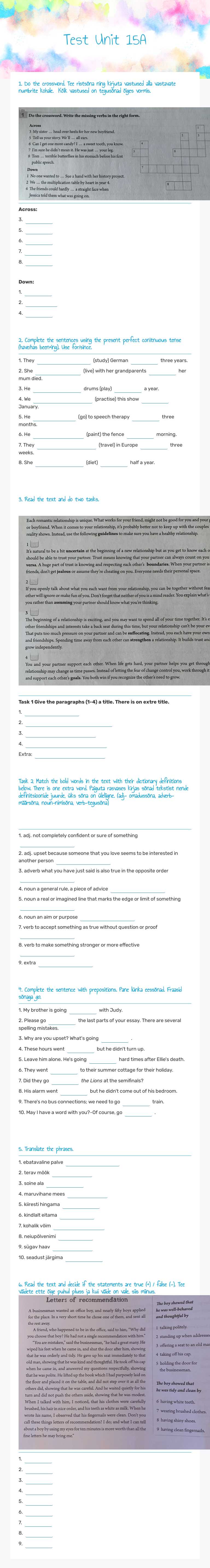 Test Unit 15A worksheet preview image