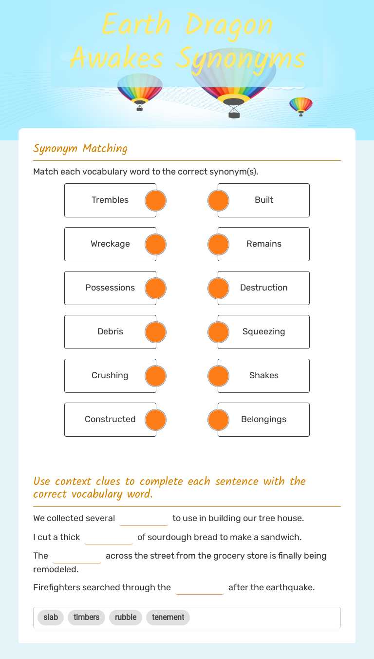 Earth Dragon Awakes Synonyms worksheet preview image