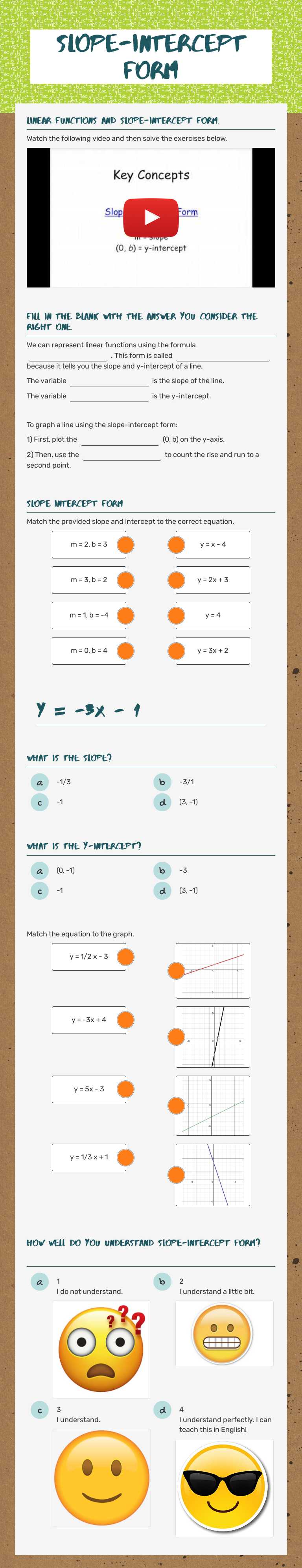 Slope-Intercept Form worksheet preview image