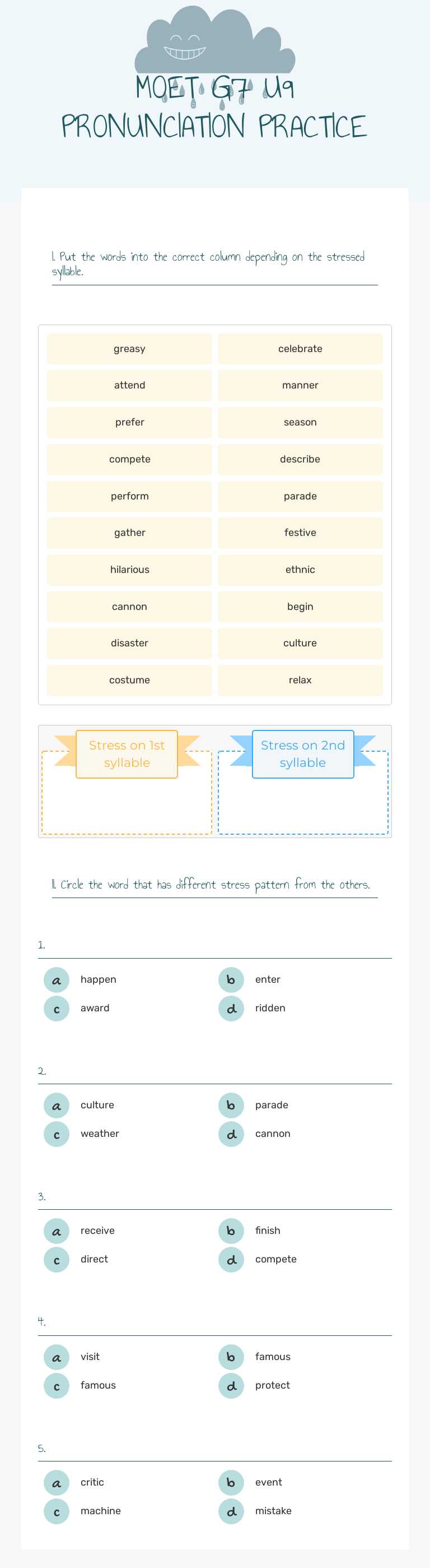 MOET G7 U9 PRONUNCIATION PRACTICE Grade 8 worksheet preview