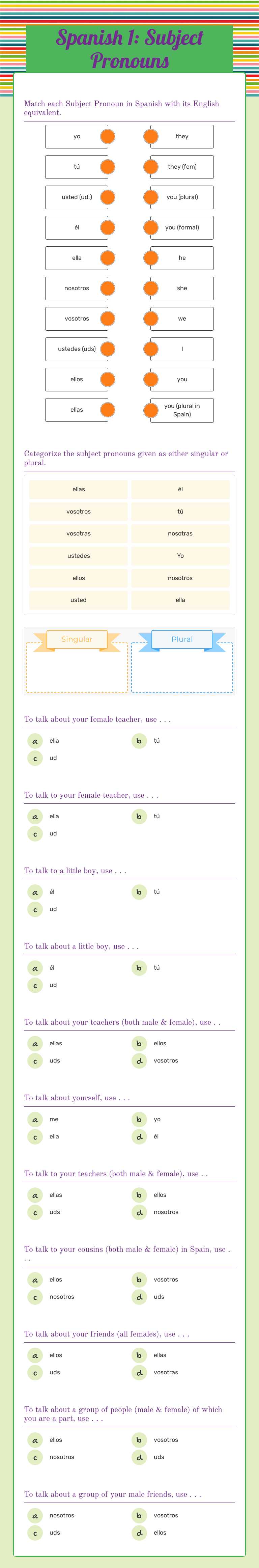 Spanish 1: Subject Pronouns worksheet preview image