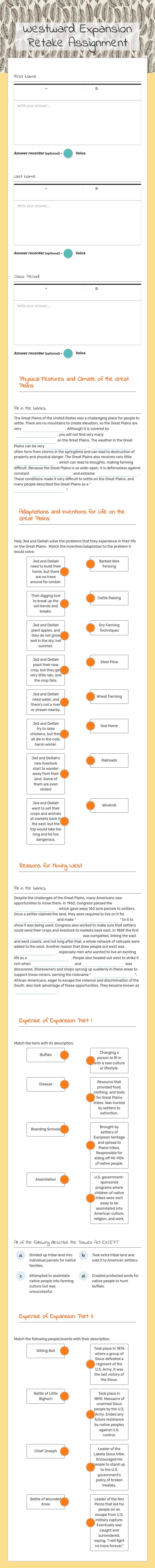Westward Expansion Retake Assignment worksheet preview image