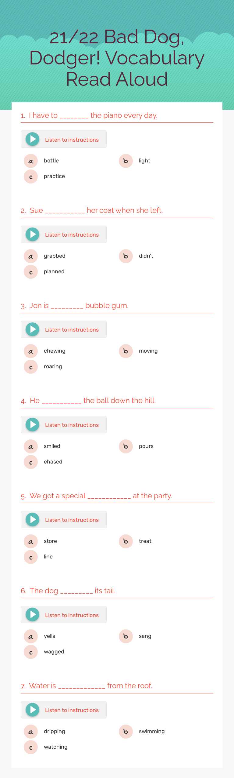21/22 Bad Dog, Dodger! Vocabulary Read Aloud Grade 2 worksheet preview
