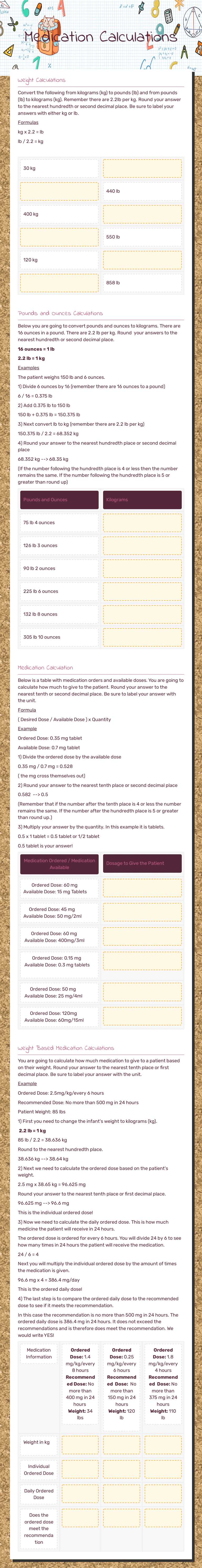 Medication Calculations worksheet preview image