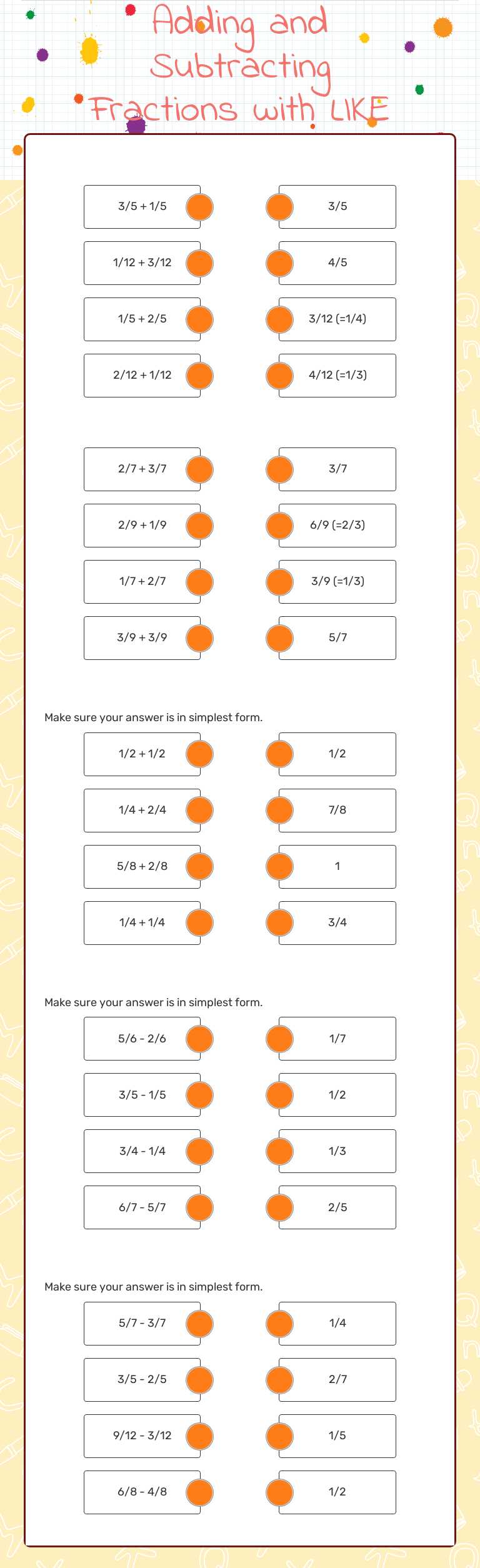 Adding and Subtracting Fractions with LIKE Denominators worksheet preview image