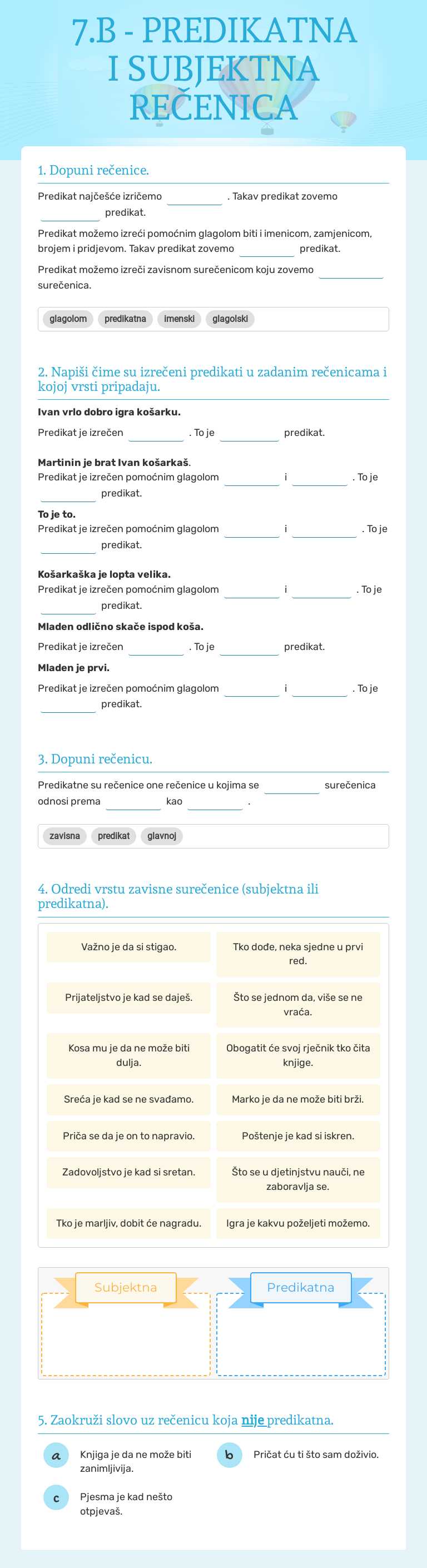 7.B - PREDIKATNA I SUBJEKTNA REČENICA Grade 7 worksheet preview