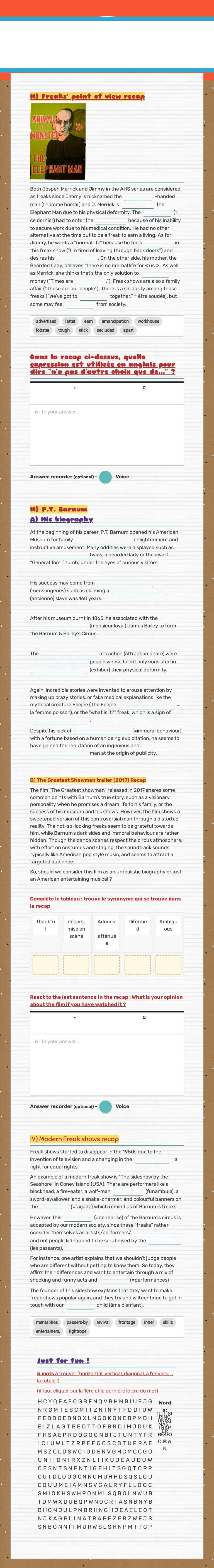 Freak show part 3 worksheet preview image