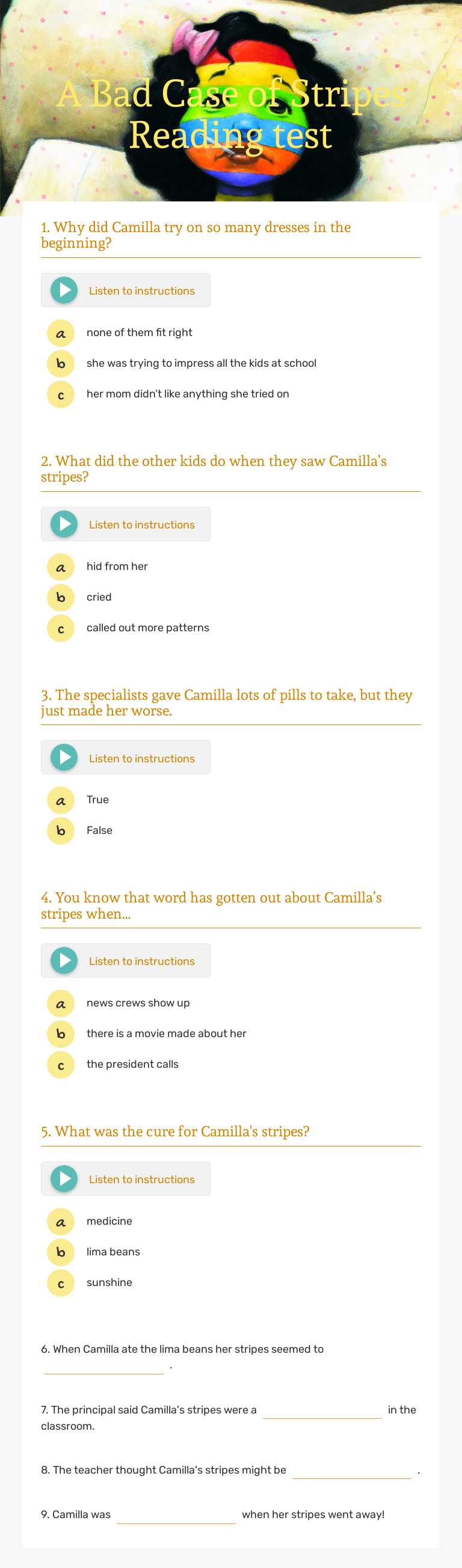 A Bad Case of Stripes Reading test worksheet preview image