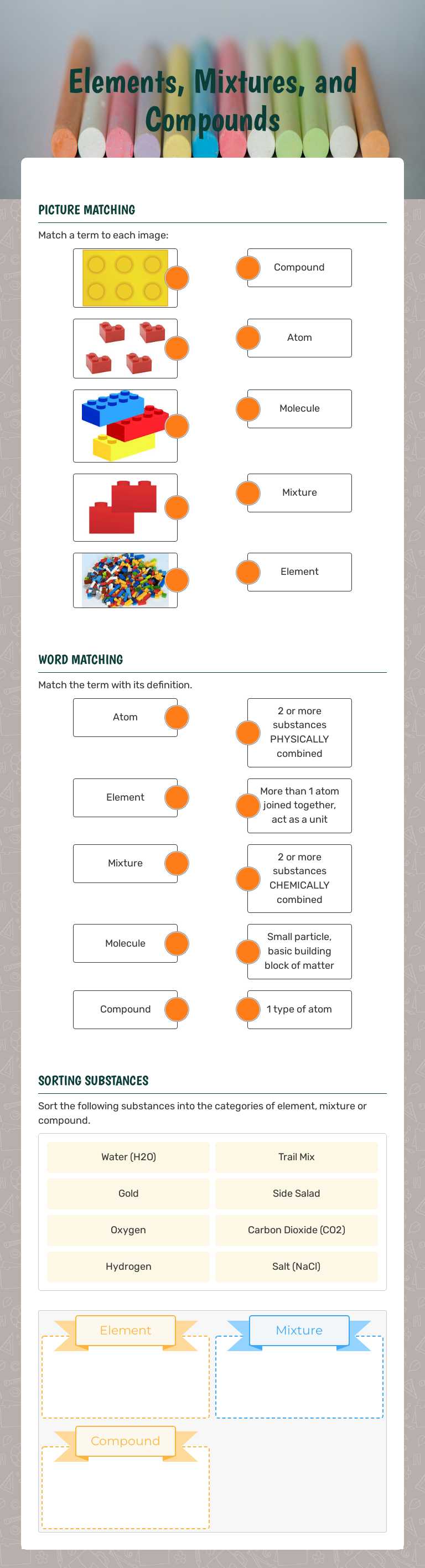 Elements, Mixtures, and Compounds worksheet preview image