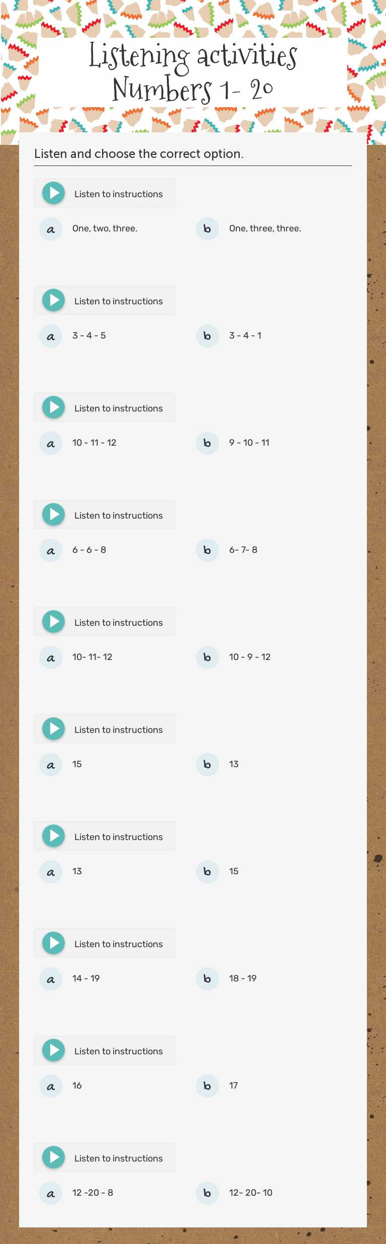 Listening activities 
Numbers 1- 20 worksheet preview image