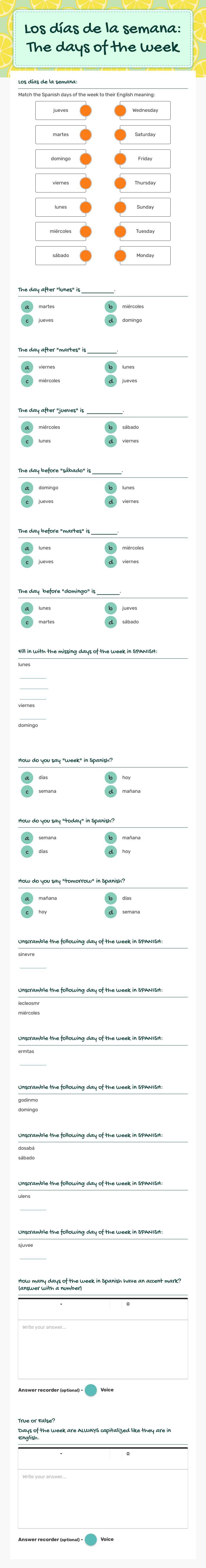 Los días de la semana:  The days of the week worksheet preview image