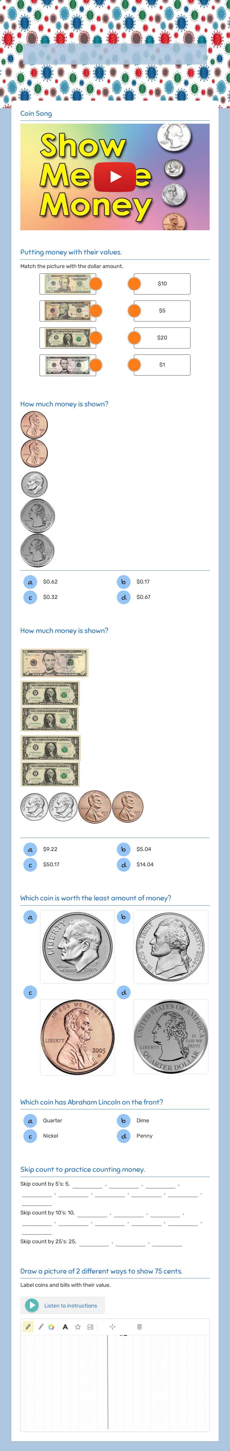 Coins and Bills Grade 2 worksheet preview
